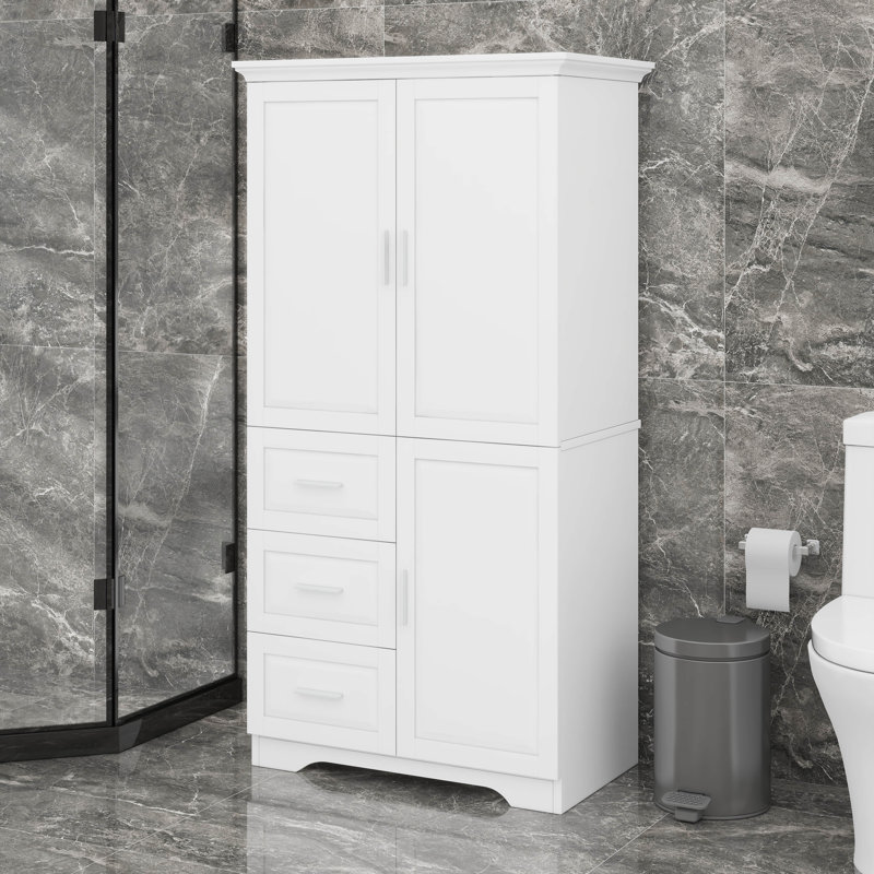 Tall Bathroom Storage Cabinet With 3 Doors And 3 Drawers, White