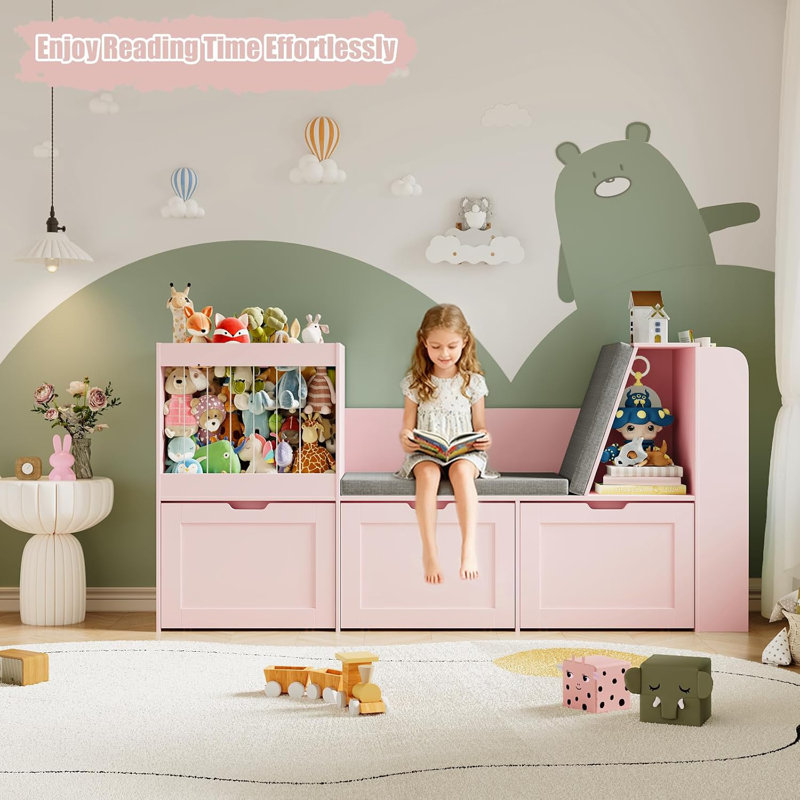 66.9''W Kid Bookshelf with Reading Nook, Toys Storage Organizer with Stuffed Animal Storage, Bench and Removable Cushions, Wooden Toddler Bookcases with 3 Movable Drawers for Playroom, Bedroom(Pink)