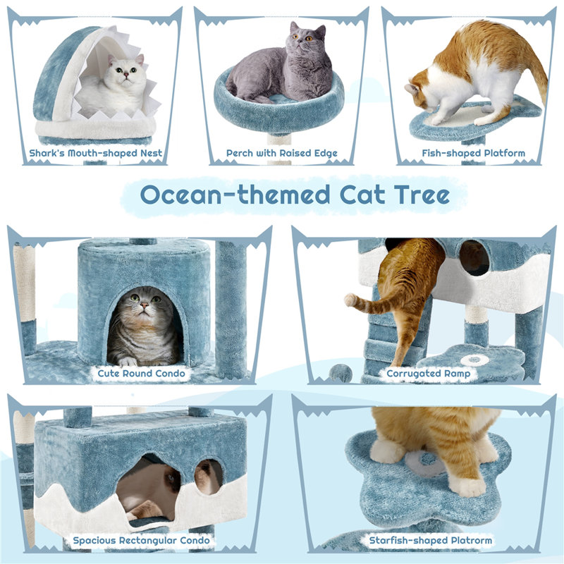Ocean-Themed Blue and White Sisal Cat Tree Tower