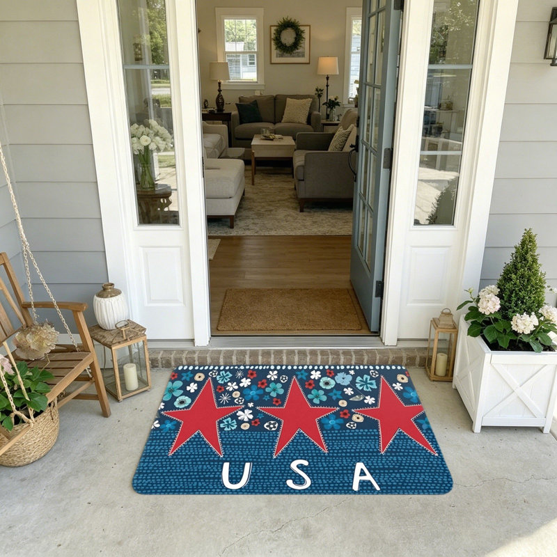 Tapis d'entrée rouge et blanc, étoile et jour commémoratif des États-Unis, 20 po x 32 po, intérieur et extérieur