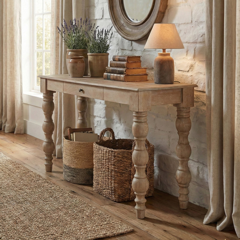 Console en bois massif de 60 po Braydan avec pieds tournés à la main - Naturel rustique, Rustique naturel