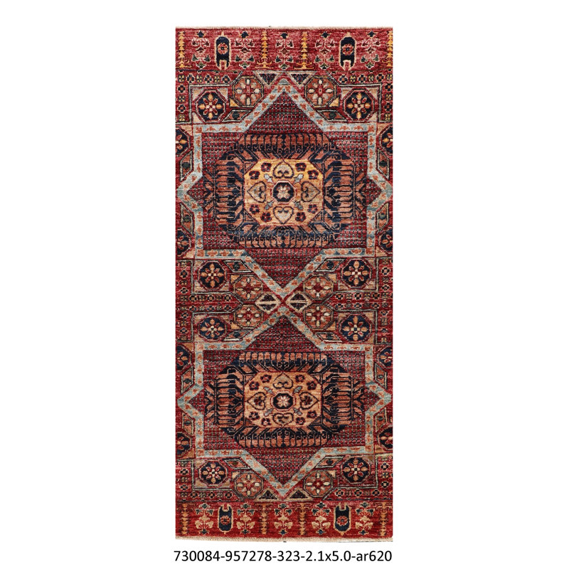 Hand-Knotted High-Quality Red and Navy Runner