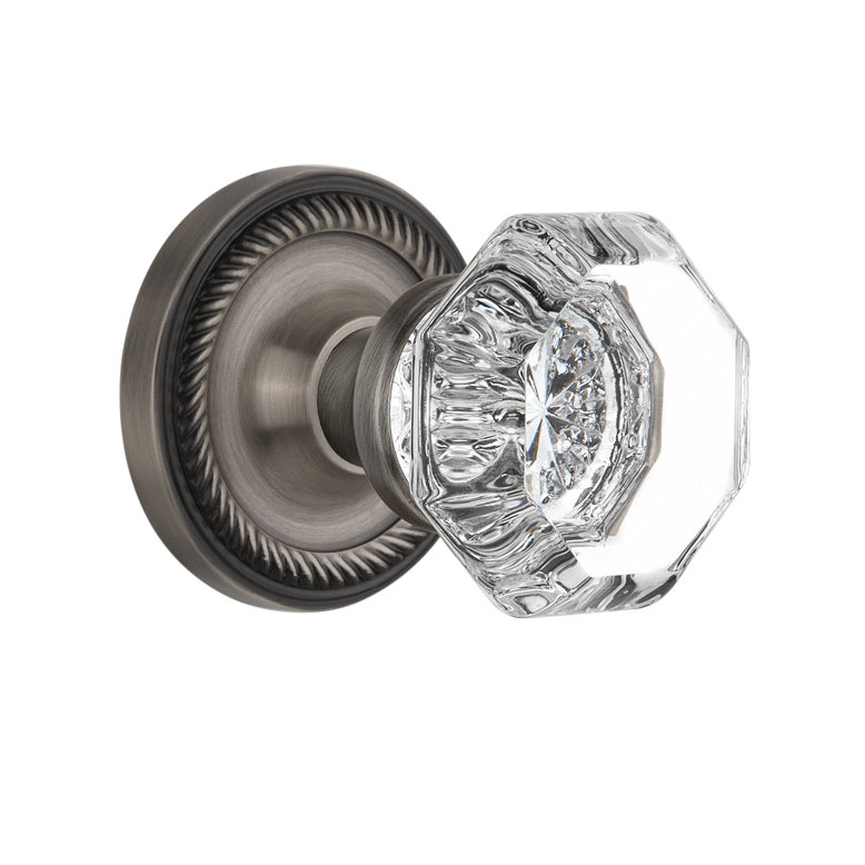 Odin Crystal Waldorf Interior Mortise Door Knob with Rope Rosette, Antique Pewter