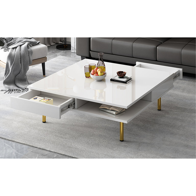 Table basse carrée ultra brillante avec 4 pieds dorés et 2 petits tiroirs, table centrale carrée à 2 niveaux pour le salon, blanc