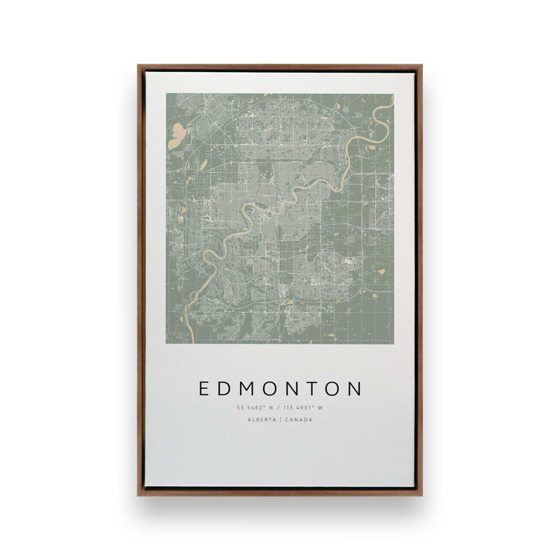 Edmonton Street Map, reproduction d'art sur toile, Cadre flottant en noyer, 24 po x 36 po