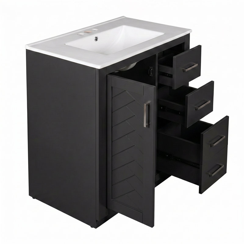 Ensemble de meuble-lavabo en bois massif 30 po + panneau de fibres à densité moyenne avec lavabo en céramique avec 3 tiroirs et portes à fermeture douce