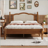 Full Size Wooden Platform Bed with Natural Rattan Headboard and Wooden Slat Support