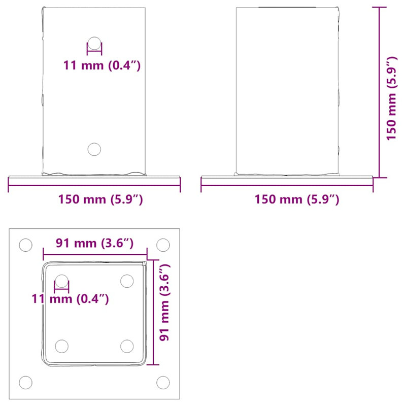 Bases de poteaux carrées Vidaxl, Argent