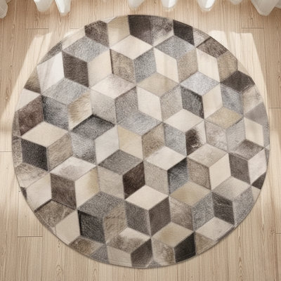 Round Patchwork Cowhide Rug, Beige & Grey Leather Circle Rug, Modern Natural Cowhide Carpet For Home Dacor
