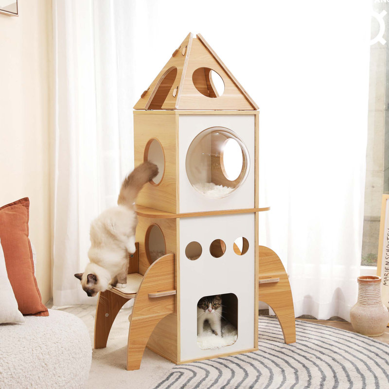 54'' Natural and White Wood Rocket Cat Tower with Condos