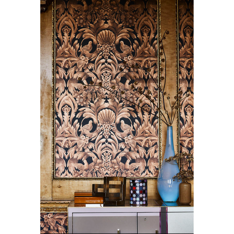 Damask Wallpaper Roll, Metallic Bronze/Charcoal