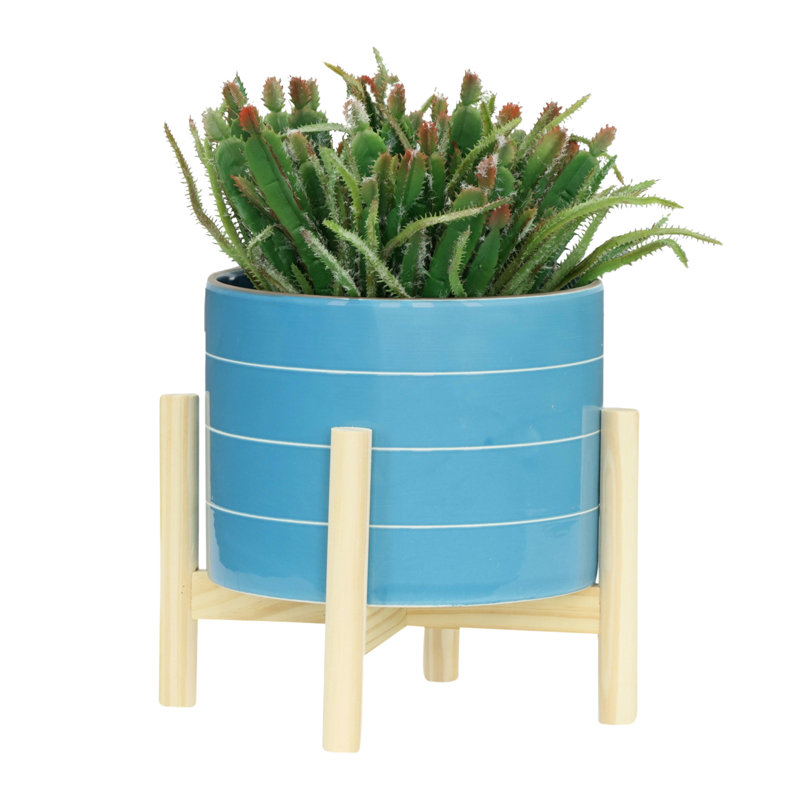 Pot à fleurs en céramique de 8 po avec base en bois - Polyvalent pour le jardin et le couloir