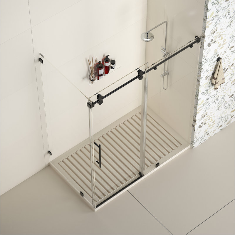 Radiance 72 In. W X 34 In. D X 76 In. H Sliding Frameless Corner Shower Enclosure With Clear Glass, Matte Black