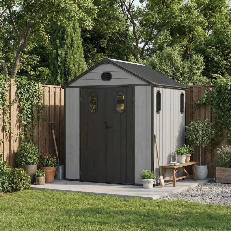 Outdoor Resin Storage Shed, Heavy-Duty Plastic Shed with Reinforced Floor, Windows & Mesh Vents, Lockable Door, Garden Shed