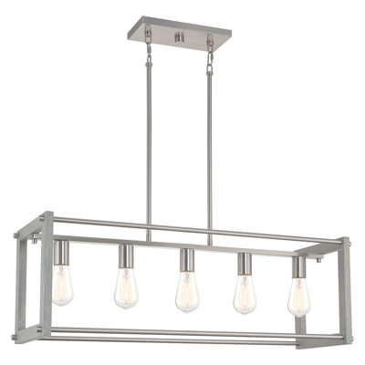 Kira Home Bariston 34" 5-Light Farmhouse Kitchen Island Light + Rectangular Frame, Washed Oak Wood Style + Brushed Nickel Finish