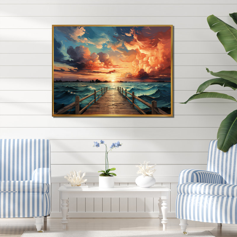 Jetée des saisons I sur toile, H 34 po x l 44 po, Cadre flottant doré