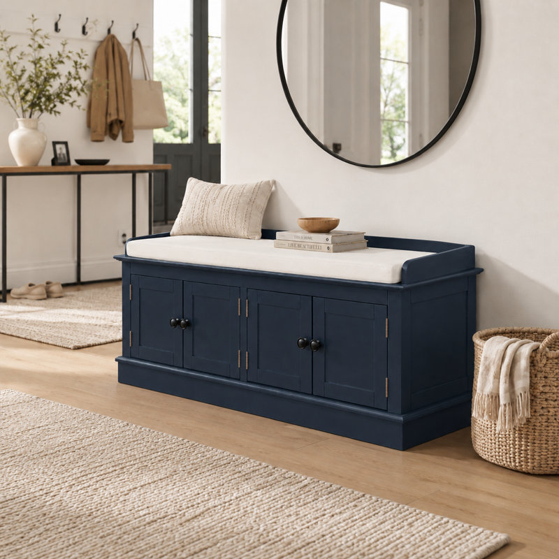 Linen Blend Upholstered Storage Bench, Antique Navy