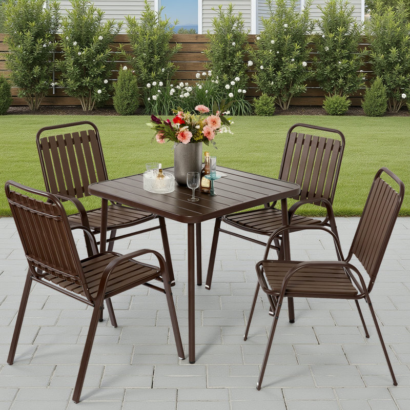 Ensemble repas carré 5 pièces, table en acier résistant à la rouille et chaises en plastique, Brun
