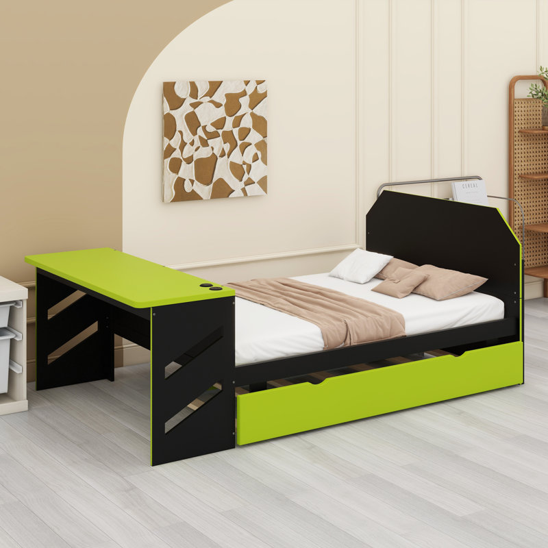 Lit de jour avec lit gigogne, bureau et ports de chargement USB intégrés, Vert