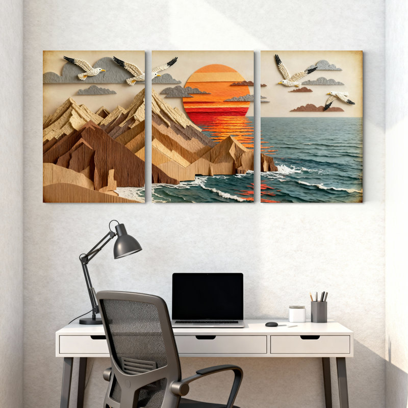 Ensemble de 3 tableaux sur toile tendue représentant un coucher de soleil sur la montagne, des vagues et des mouettes.