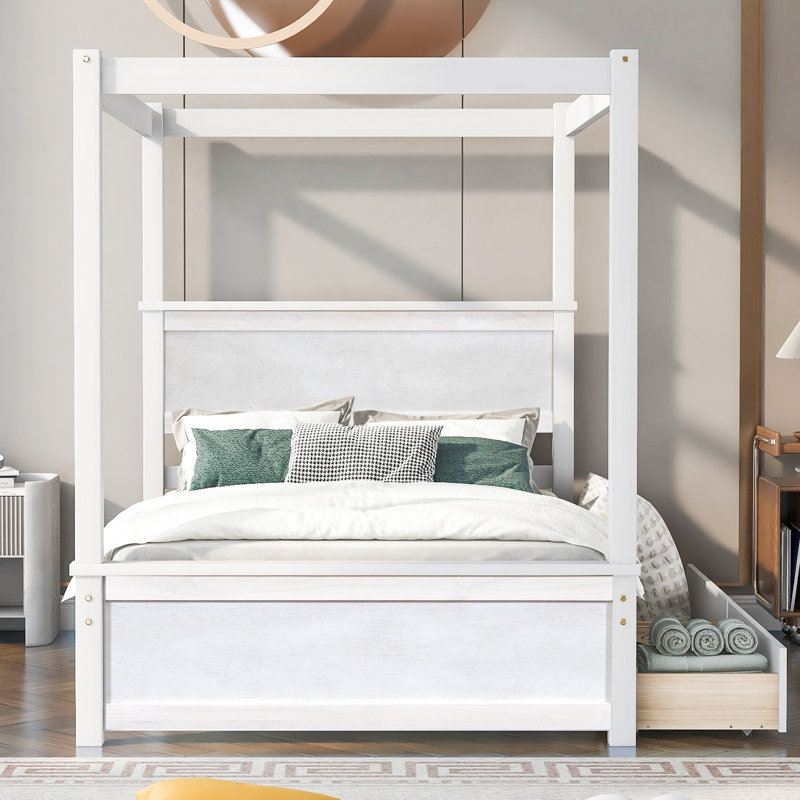 Lit à baldaquin moderne, blanc brossé, capacité de poids de 350 lb, avec 2 tiroirs pour une chambre à coucher soignée