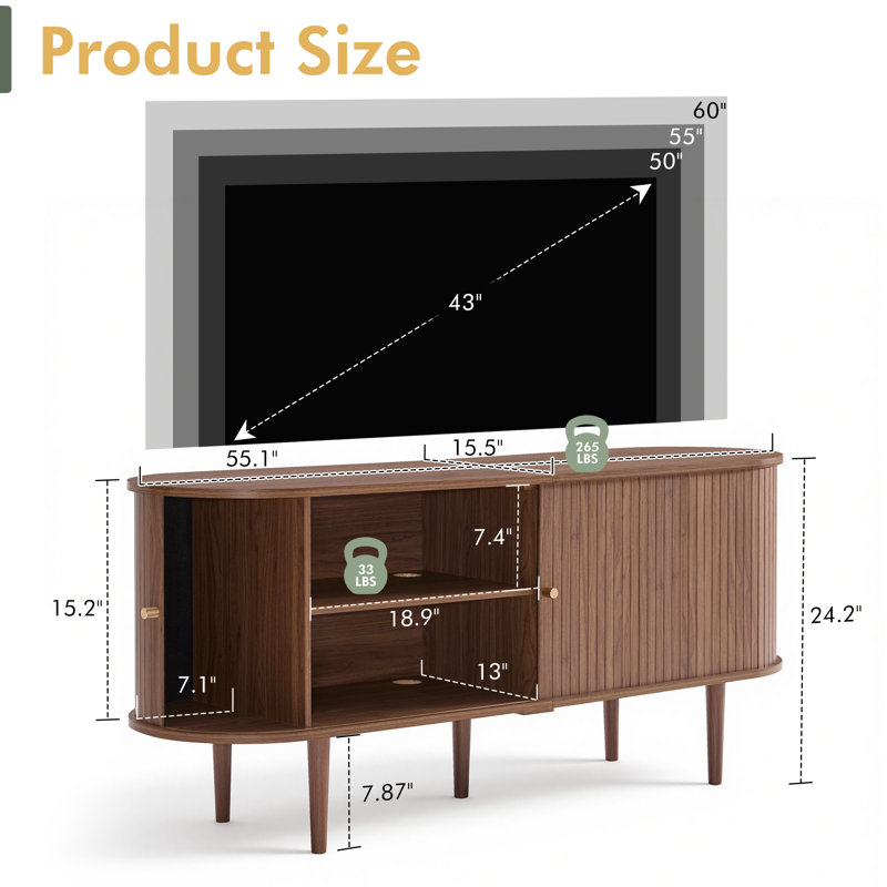 Baheerah TV Stand with Tambour Doors, Walnut,  24.2" H x 55" L x 15.5" W