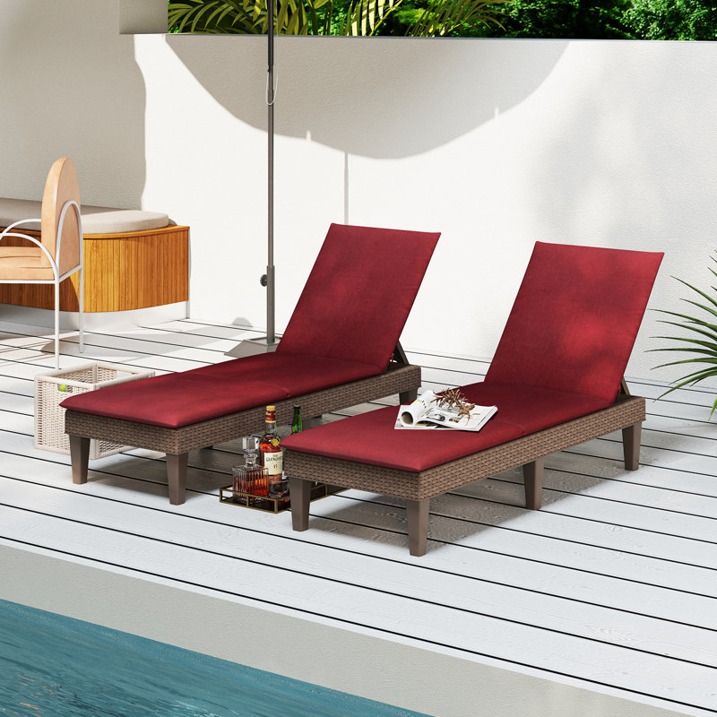 2PCS Patio Lounge Chair Recliner Chair w/ 3-Position Adjustable Backrest & Cushion Brown & Red, Red, Brown