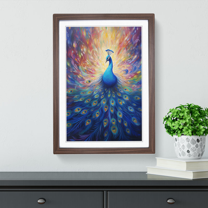 Peacock Symbolism - Single Picture Frame Print on Wood, Walnut Framed, 46cm H x 34cm W x 2" D