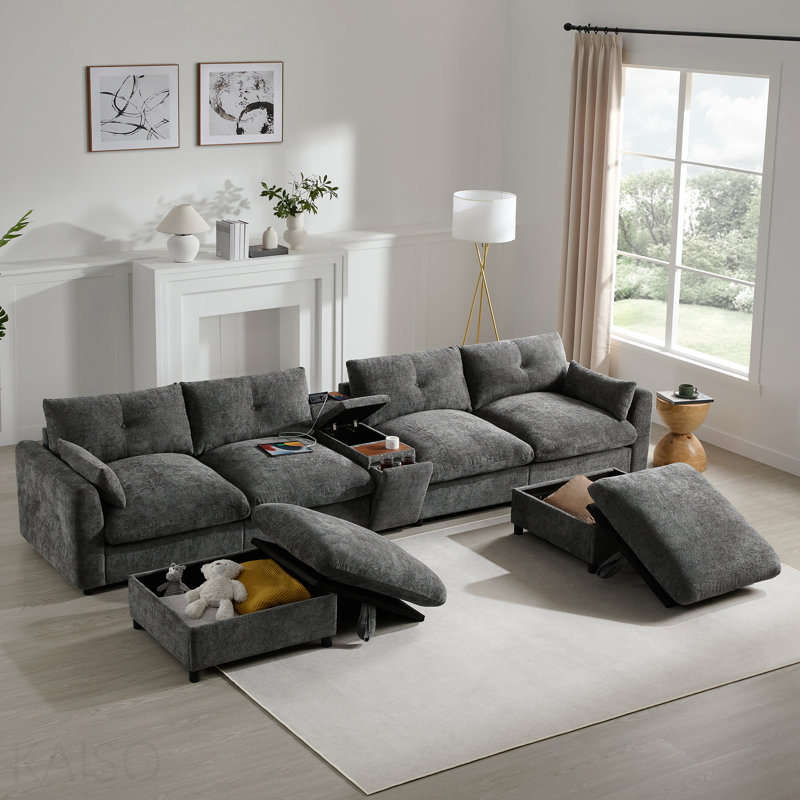 [Vidéo] Canapé modulaire modulaire de 136 po avec console, porte-gobelet, chargeur USB, repose-pieds de rangement mobile, conception à tirette et capitonnée, canapé en chenille surdimensionné en forme de U pour salon et appartement, 2 couleurs