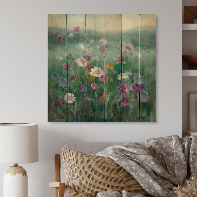 Champ de fleurs - impression sans cadre sur bois, H 16 po x l 16 po x P 1 po