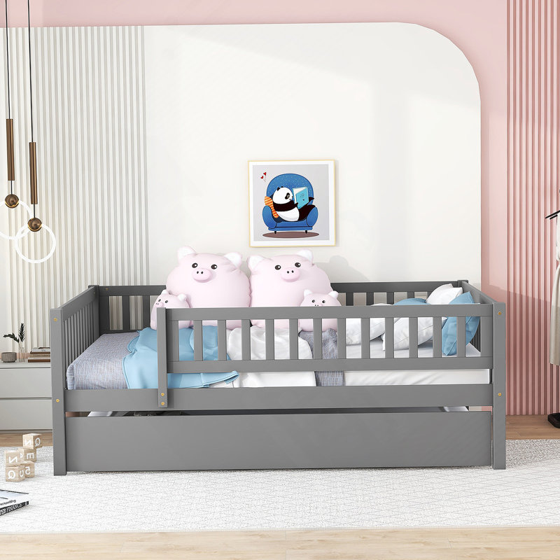 Wood Daybed With Trundle And Fence Guardrails, Gray