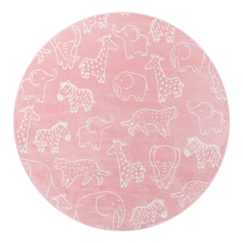 Whimsy Safari Animals Kid Rug, Round 3'3", Pink