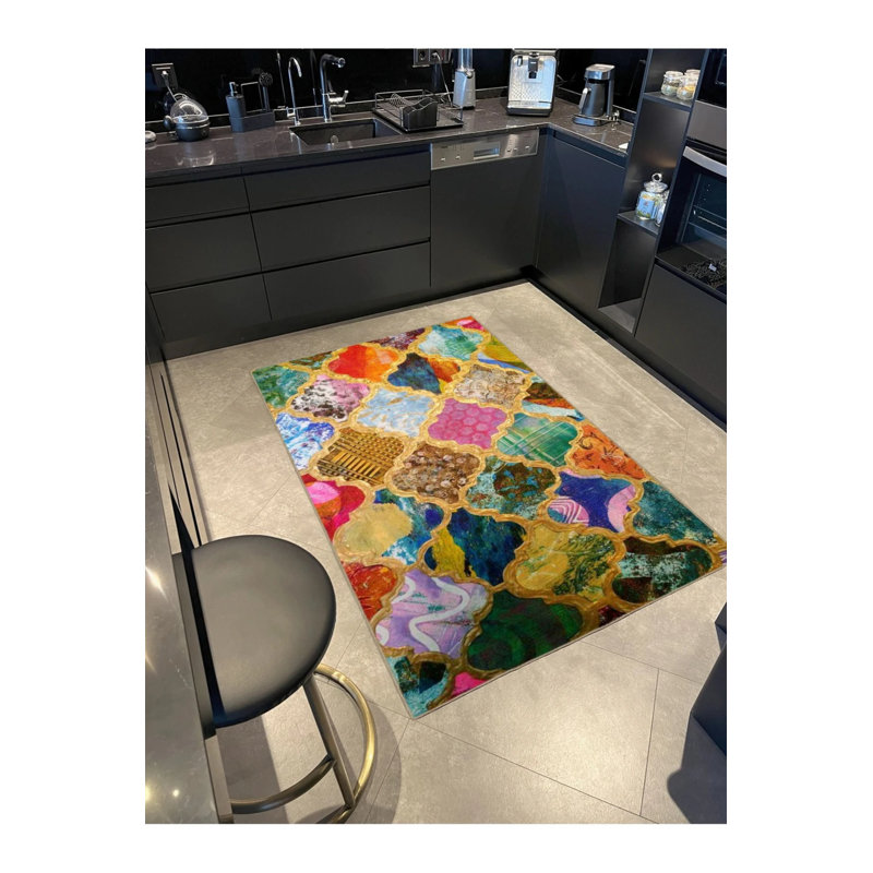 Multicolored Modern Woven Based Washable Carpet, Round 4'