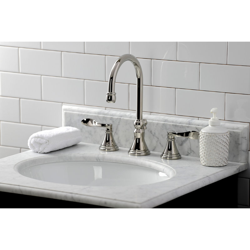 Kingston Brass NuFrench Two-Handle 3-Hole Deck Mount Widespread Bathroom Faucet with Brass Pop-Up Drain, Polished Nickel