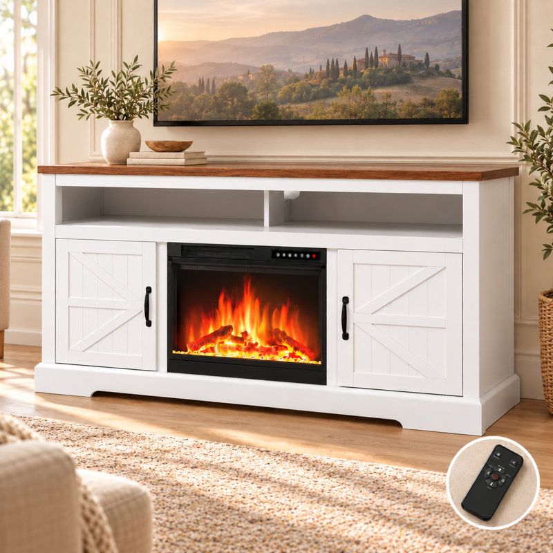 Meuble télé avec foyer de 53 po R.W.FLAME pour téléviseurs de 65 po ou moins, 5100 BTU avec thermostat et minuterie, lit à 4 et 12 flammes (bûches et cristaux inclus)