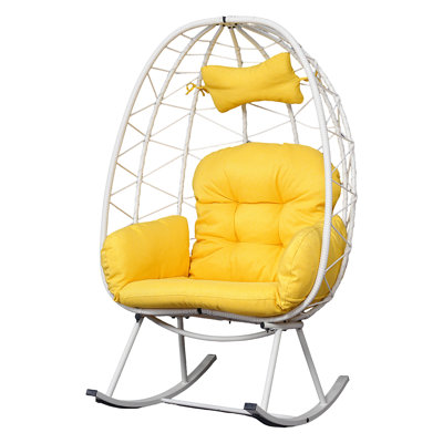 Fauteuil à bascule intérieur et extérieur en forme d'œuf, chaise longue cocon en rotin et osier d'une capacité de 330 lb avec coussin et coussin épais, chaise berçante simple pliable pour patio, balcon, chambre à coucher, salon
