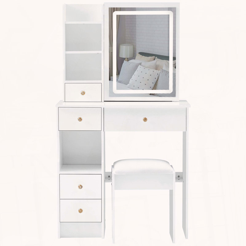 Small Space Vanity with Tri-Color LED Mirror and Storage, White