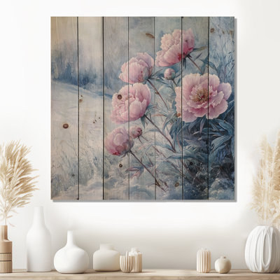 Pivoines dans un champ couvert de givre II - Décoration murale en bois de pivoines - sur bois de pin naturel