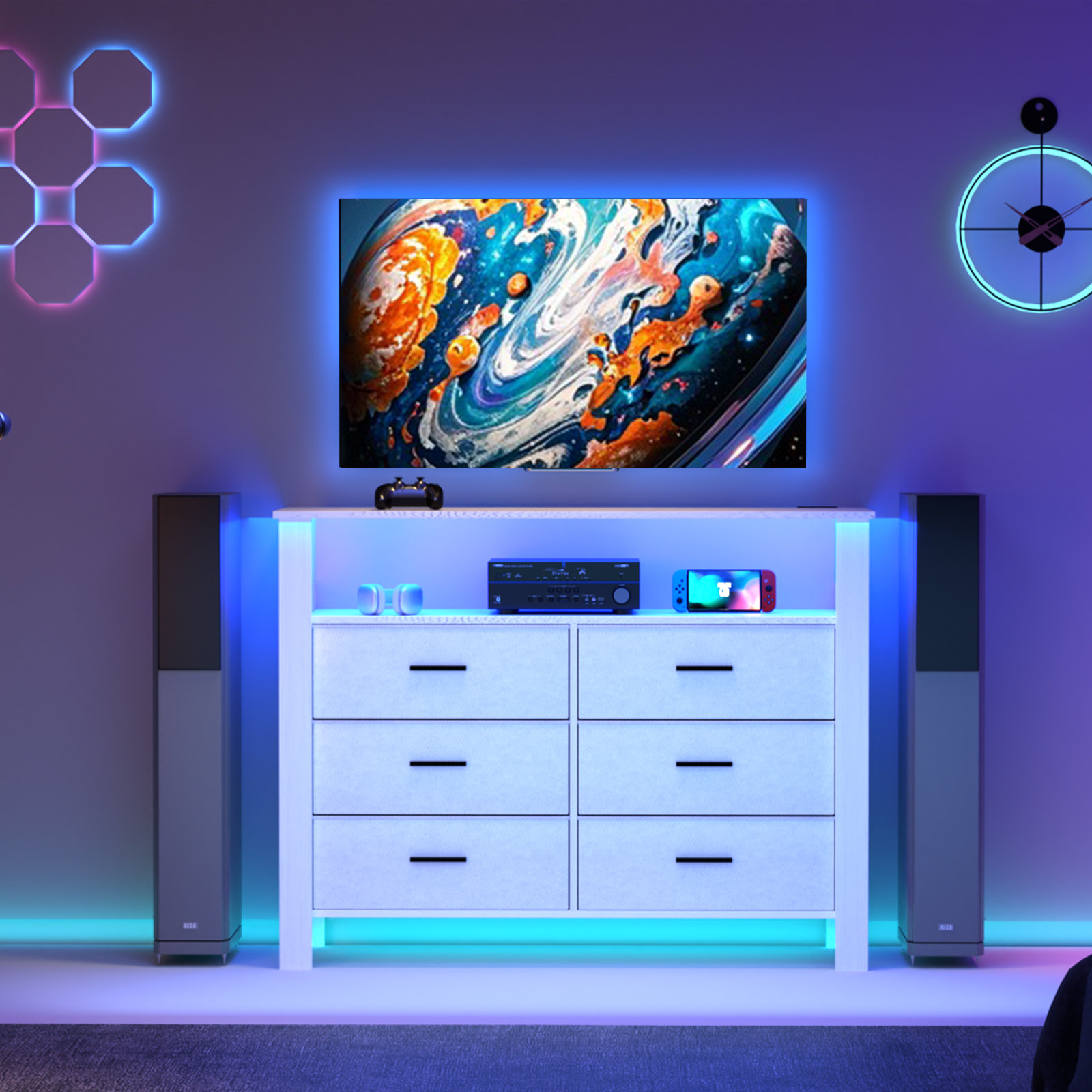 Wrought Studio™ Tv Stand With Storage And Led Lights, 6 Drawers ...