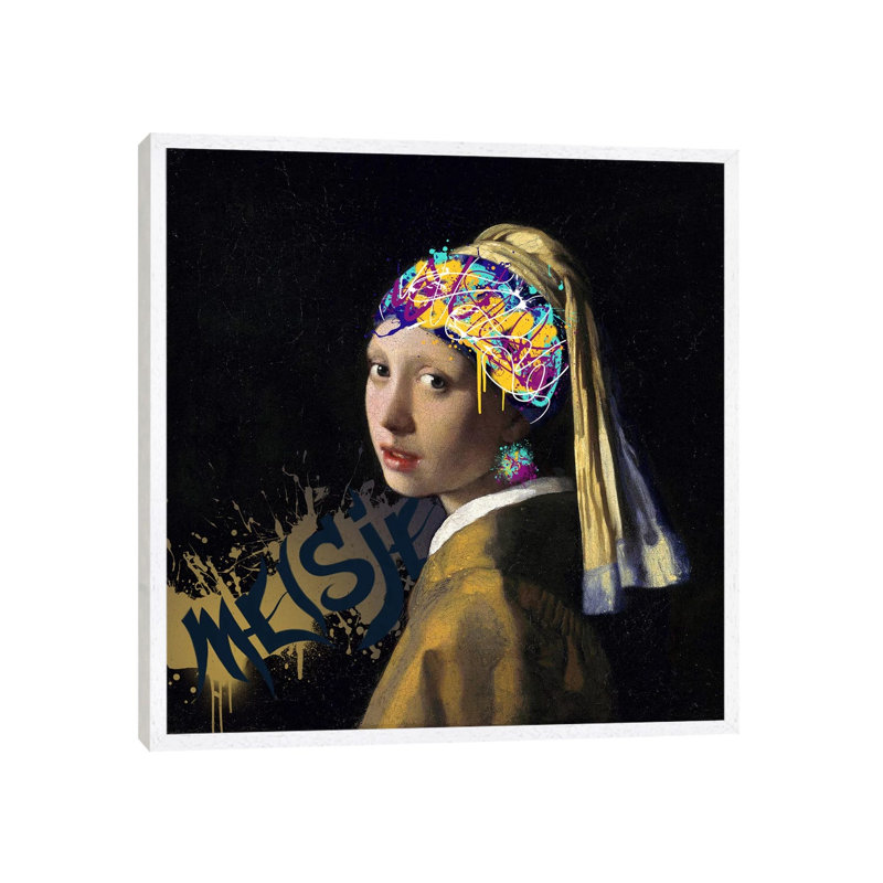 Girl With A Pearl Earring -Girl With The Graffitied Earring by 5by5collective - Print on Canvas, White Framed