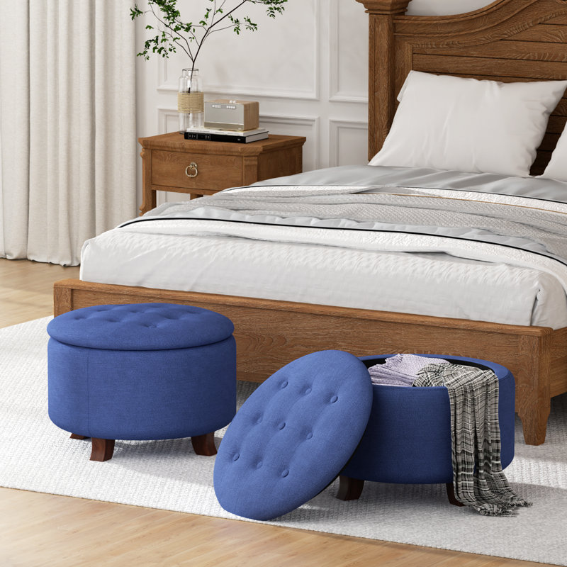 Upholstered Storage Ottoman Bench Button Tufted Round Ottoman Footrest Stool for Living Room Bedroom, Navy
