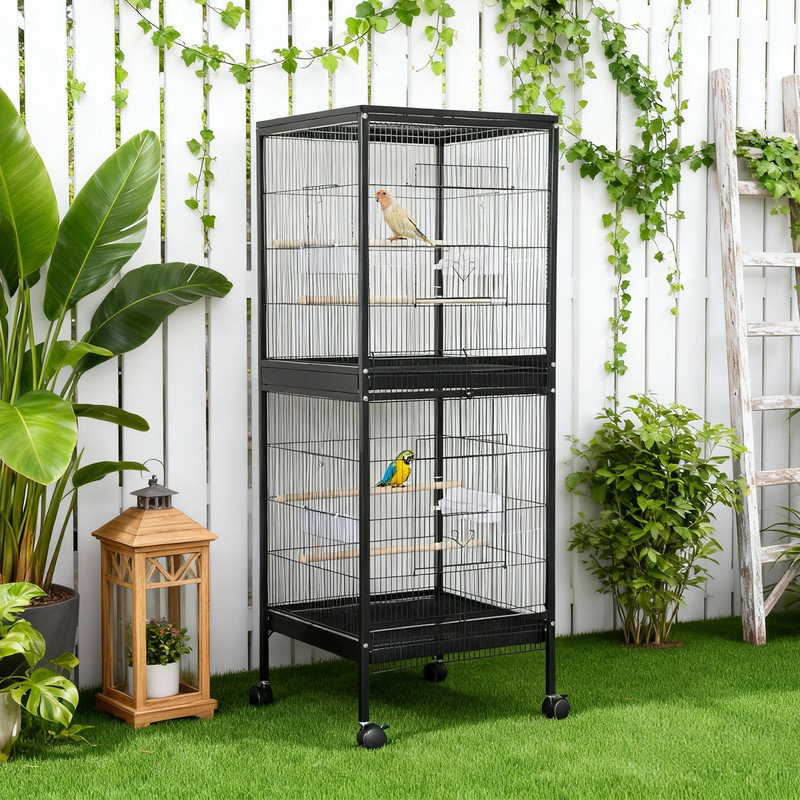 55" Large Parrot Bird Cage with Wooden Perches, Double Stackable Metal Cage with Pull Out Tray Standing Birdcage Bird Aviary Indoor with Multi Door Design for a Canary Finch