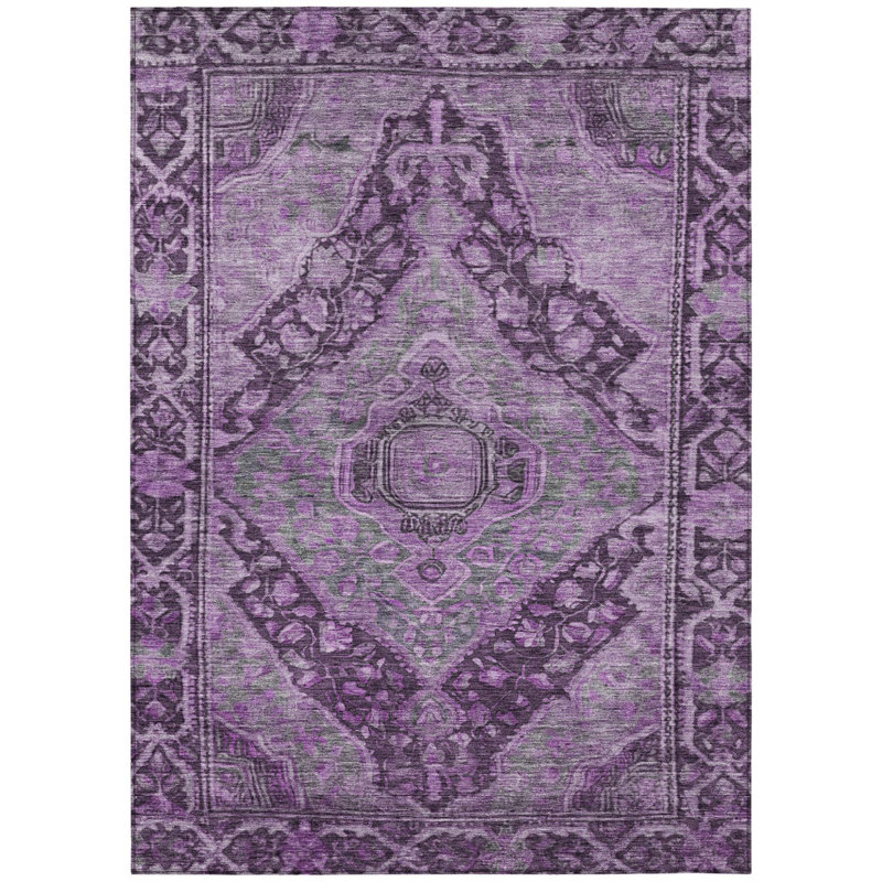 Tapis intérieur/extérieur lavable à motif médaillon aubergine et lavande, 3 m x 4,2 m