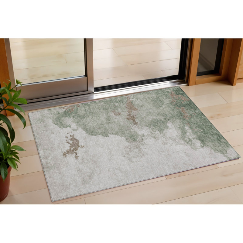 3' X 5' Artichoke Green And Linen Abstract Washable Indoor Outdoor Area Rug