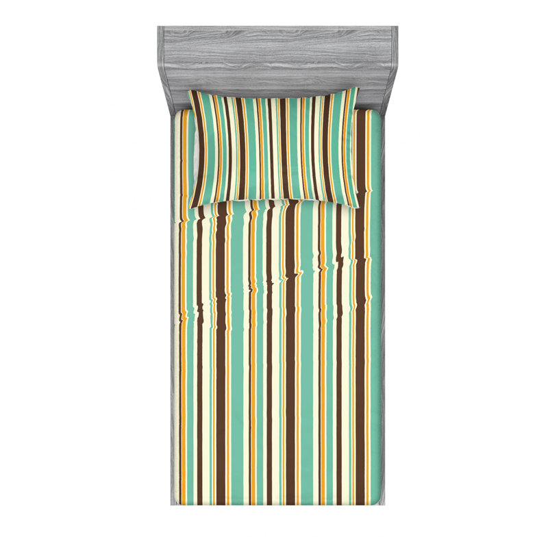 Microfiber Sheet Set, Twin Sheet Set with Fitted Sheet, Green/Brown/Beige Striped