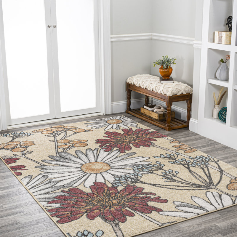 Dizi Modern Botanical Wildflower Yellow/Ivory/Red Rug, Rectangle 5'3" x 8'