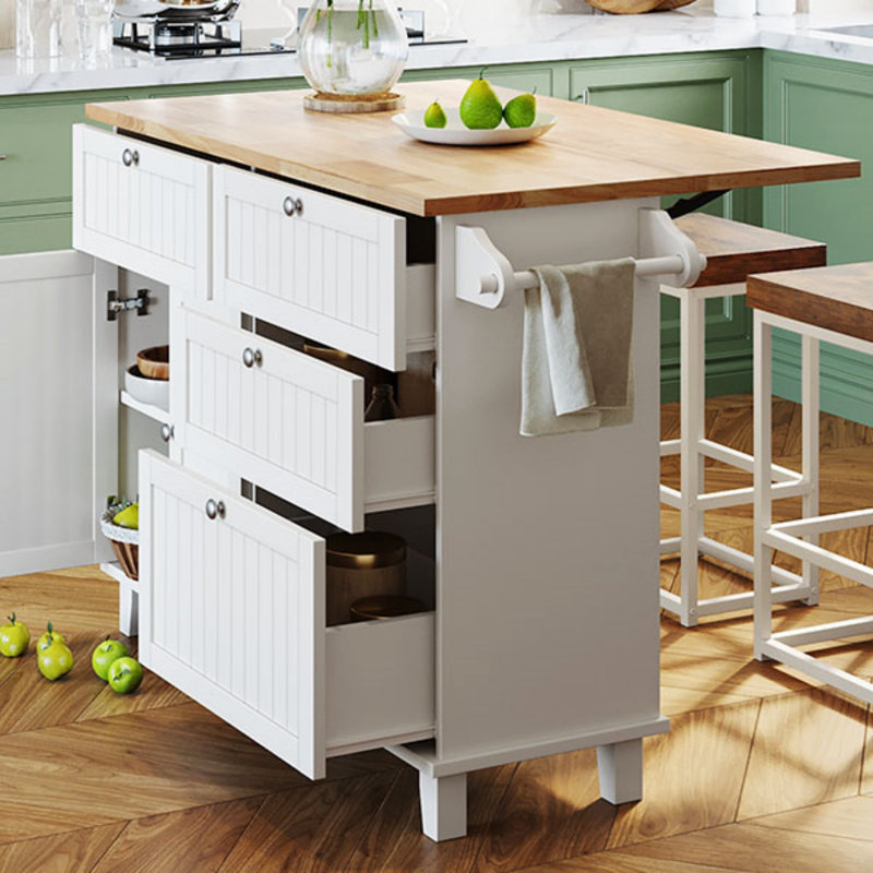 Farmhouse Kitchen Island Set With Drop Leaf And 2 Seatings, Spacious Storage And Adjustable Shelf For Modern Kitchens, White