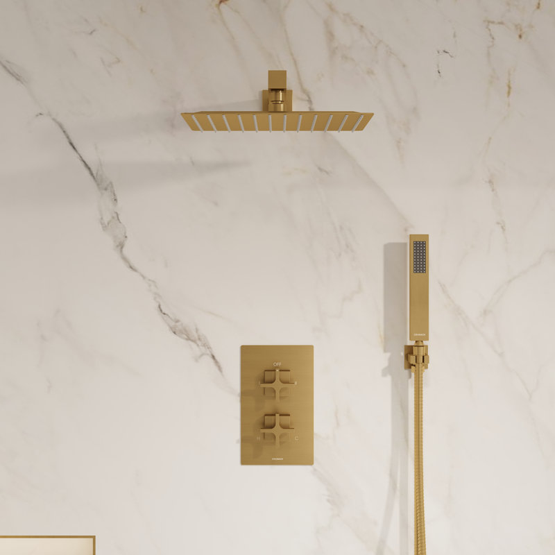  Rugen Shower System 12-inch Square Rain Shower Head with Handheld Shower Pressure Balance Valve Included, Brushed Gold