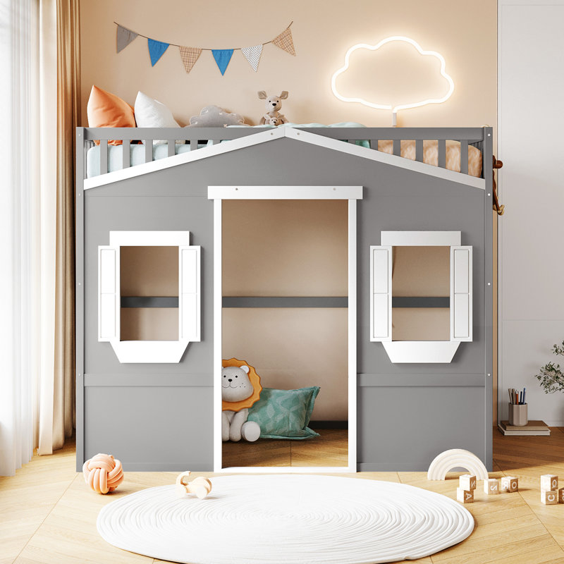 Twin Size House Loft Bed With Ladder, Grey/White, Twin