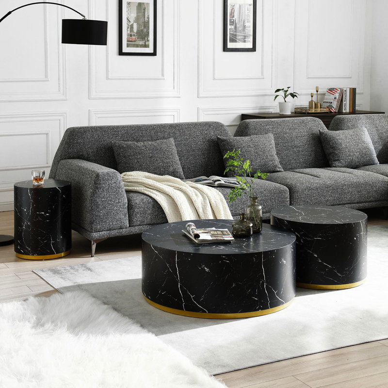 Table basse en faux marbre en noir pour le salon, 35,53 pouces avec base en métal doré